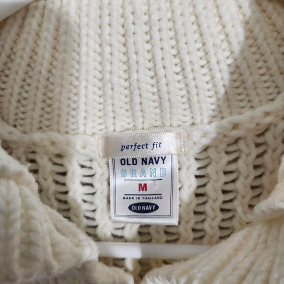 Old Navy Sweater Womens Medium Ivory Button Front Cardigan Knit Pockets Collar - Picture 2 of 9